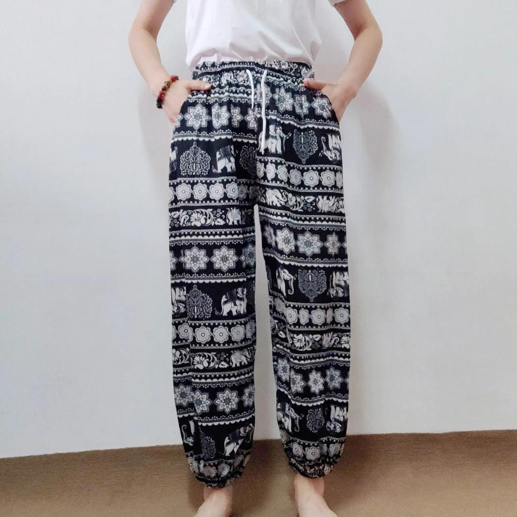Elephant Jump Pants Pocket Adjustable Elastic High Waistband Strap Unisex Man Women Print Thailand Casual Streetwear Beach Bohemian Retro Vintage
