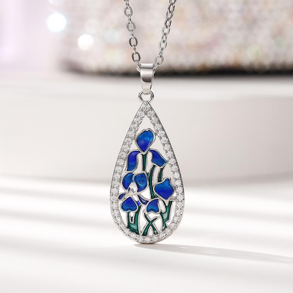 Women Teardrop Enamel Iris Flower Pendant Necklace with Sparkling Stone Border Elegant Art Inspired Jewelry