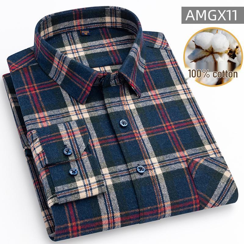 New Men's Plus Size Brushed Cotton Plaid Long Sleeve Shirt for Middle-Aged & Elderly with Straight Hem