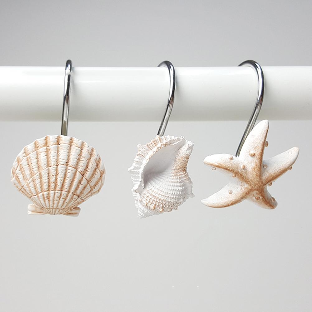 12Pcs Ocean Theme Shower Curtain Hook White And Brown Resin Curtain Hooks Decor For Bathroom Baby Room Bedroom Living Room