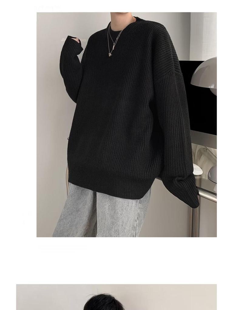 Men's Green Round Neck Sweater: Hong Kong Style, Loose Fit, Thick Wool, Perfect for Autumn and Winter.