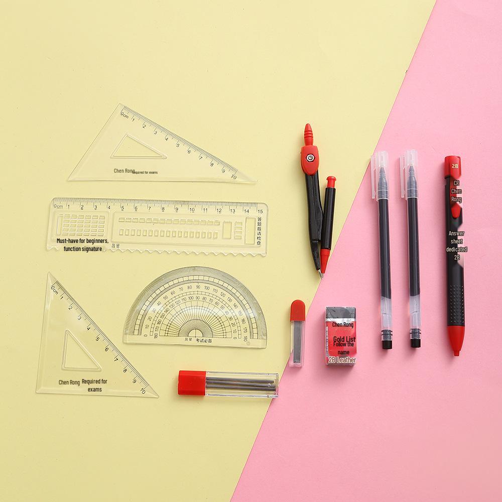 12-Piece Exam Stationery Set: Triangle Ruler, Compass, Pens, Pencils, Answer Sheet Pen