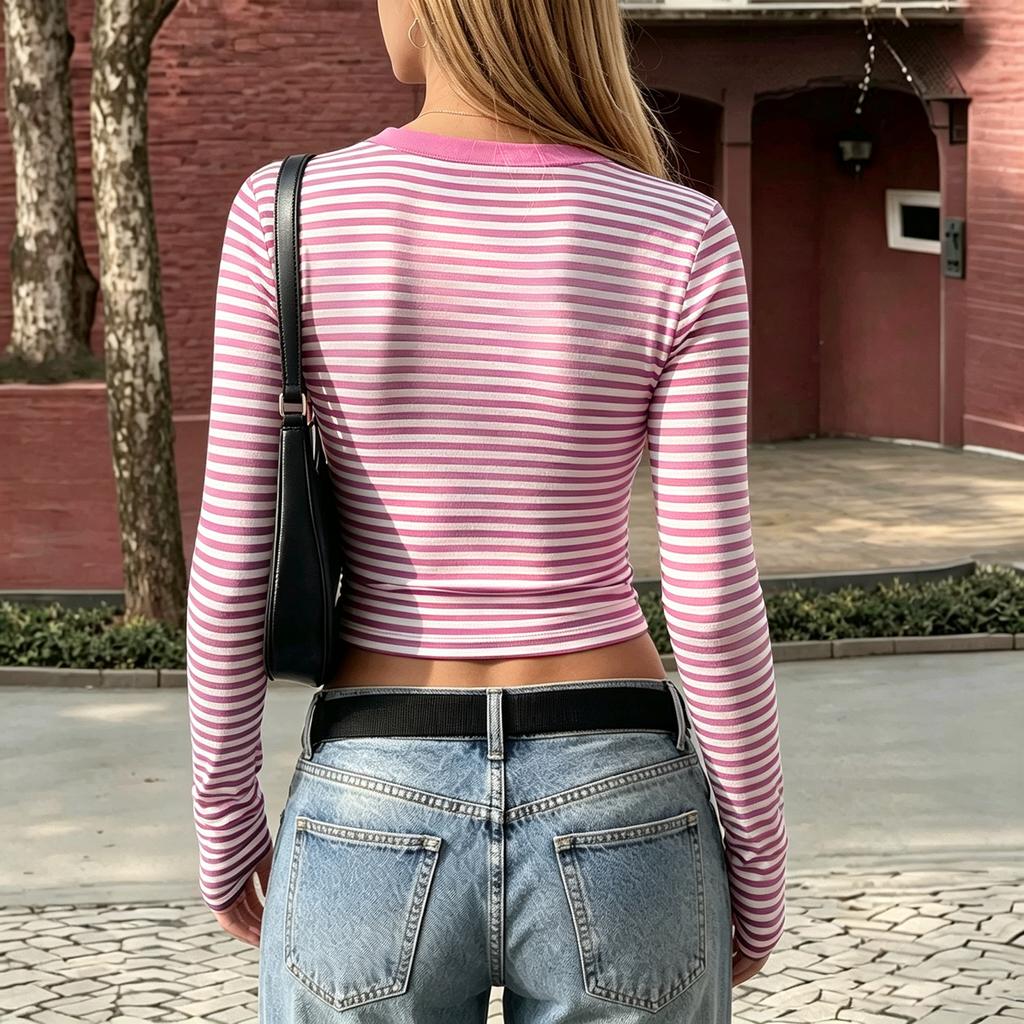 Women's Striped Long Sleeve V-Neck T-Shirt Slim Fit