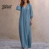 Casual V Neck Dresses Bohemian Ruffle V-Neck Long Dress, 3/4 Sleeves Maxi Dress for Women, Solid Color Loose Spring Fall Soft