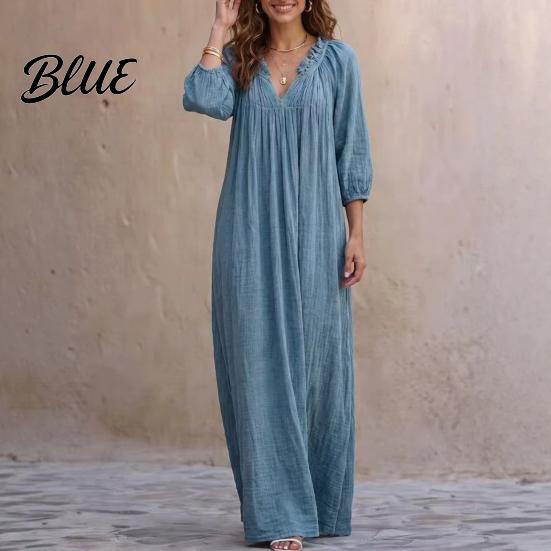 Casual V Neck Dresses Bohemian Ruffle V-Neck Long Dress, 3/4 Sleeves Maxi Dress for Women, Solid Color Loose Spring Fall Soft