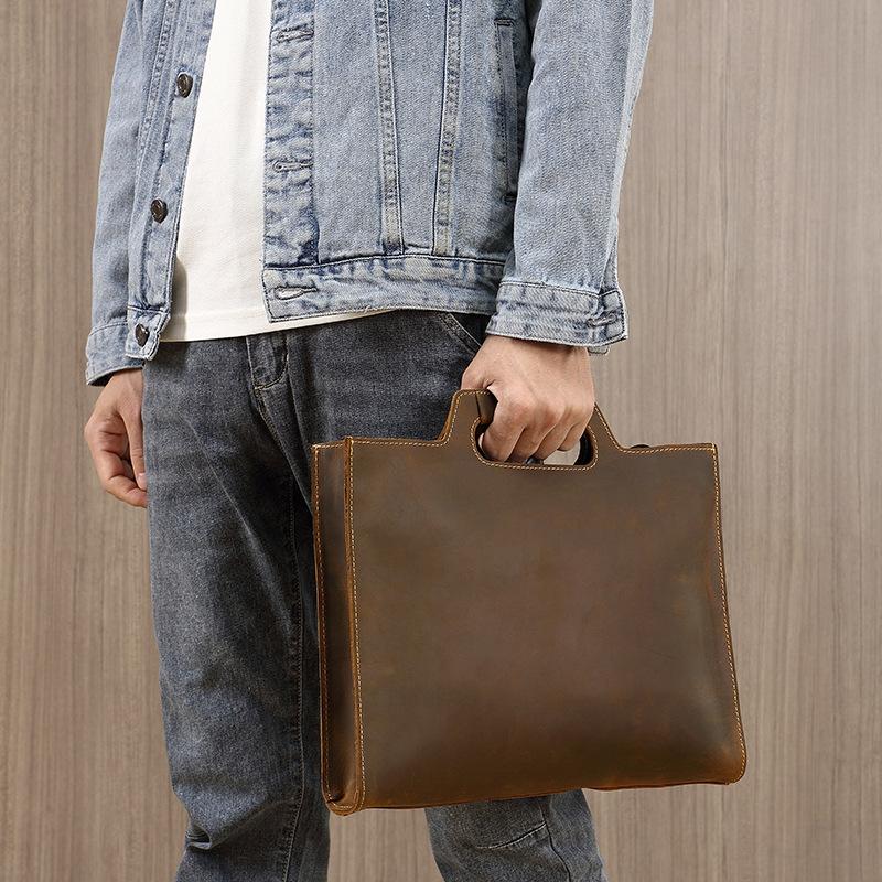 Men's Genuine Leather Handbag, Top Layer Cowhide Briefcase, Yellow Ox Crazy Horse Retro Minimalist Crossbody Bag, Computer Bag