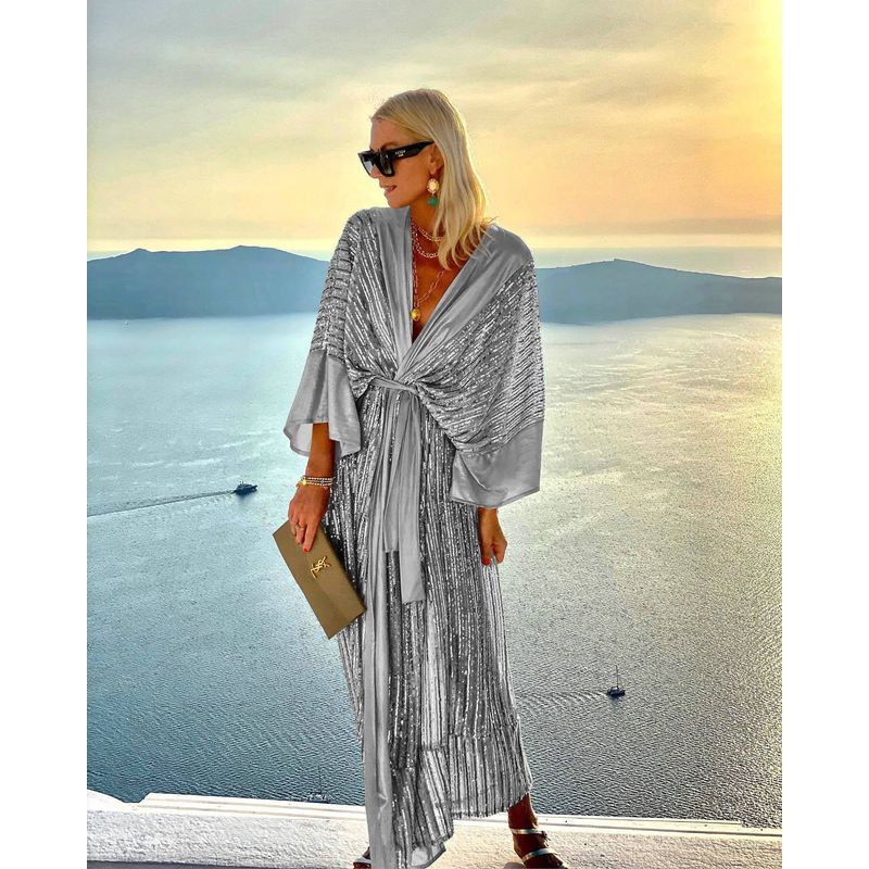 

Sexy Sequin Holidaydress Autumn Elegant Female Sequin Cardigan Bat Sleeve Party Holiday Dress Silver 2XL