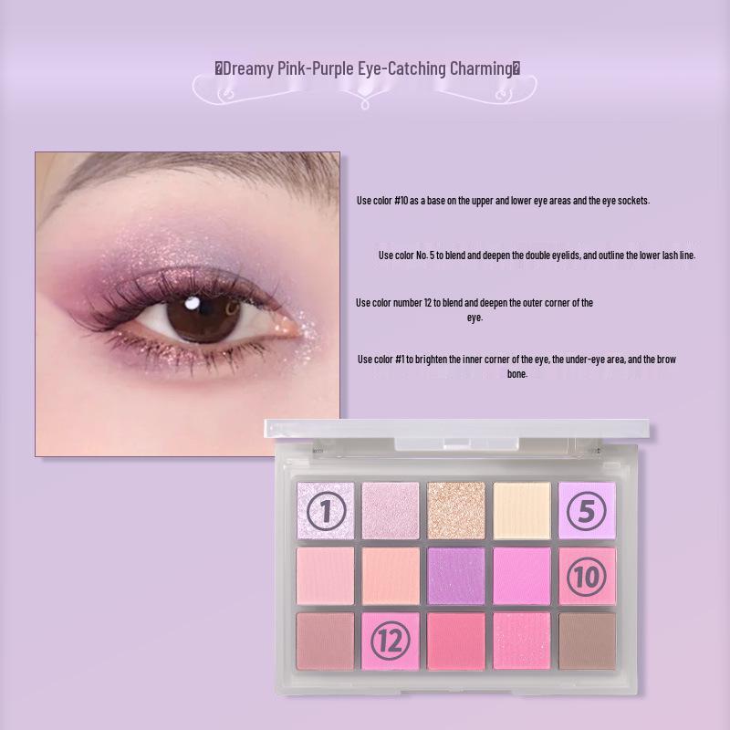 UCANBE Ice Mist 15-Color Eyeshadow Palette: Brightening Pearlescent & Matte, Waterproof, Purple-Pink Tones, Portable.