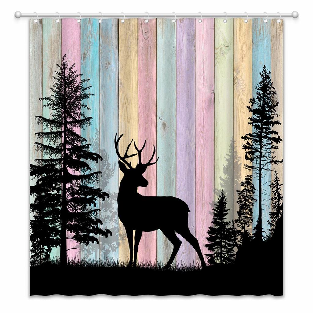 Geyik Duş Perdesi Renkli Hayvan Siluet Noel Elemanları Ahşap Plakalar Tema Kumaş Kumaş Banyo Dekor Kanca ile Set