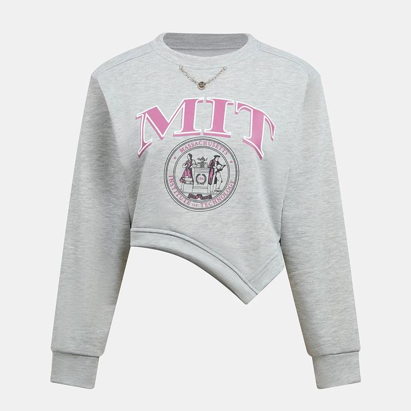 

Женская свободная принтованная короткая женская толстовка с длинным рукавом и неровным подолом XL светло-серый