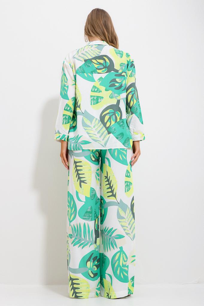 Women's Bottom-Top Set New Season Fashionable Green Patterned Shirt and Trousers Woven Bottom-Top Set