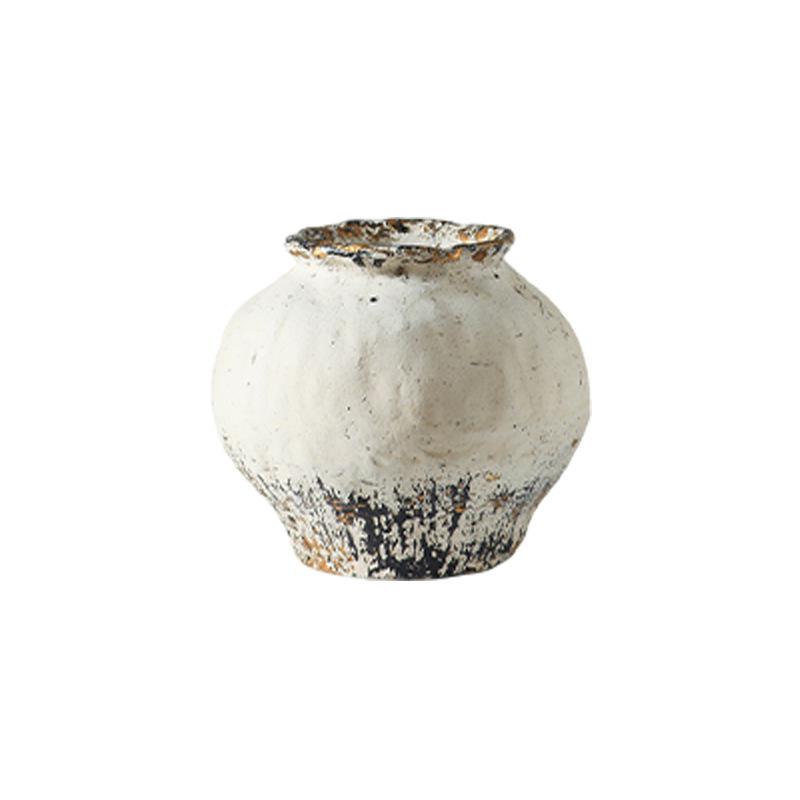 Rustic White Distressed Zen Pottery Jar for Dried Flowers - Chinese Style Vase Ornament for Home or Hotel Decor