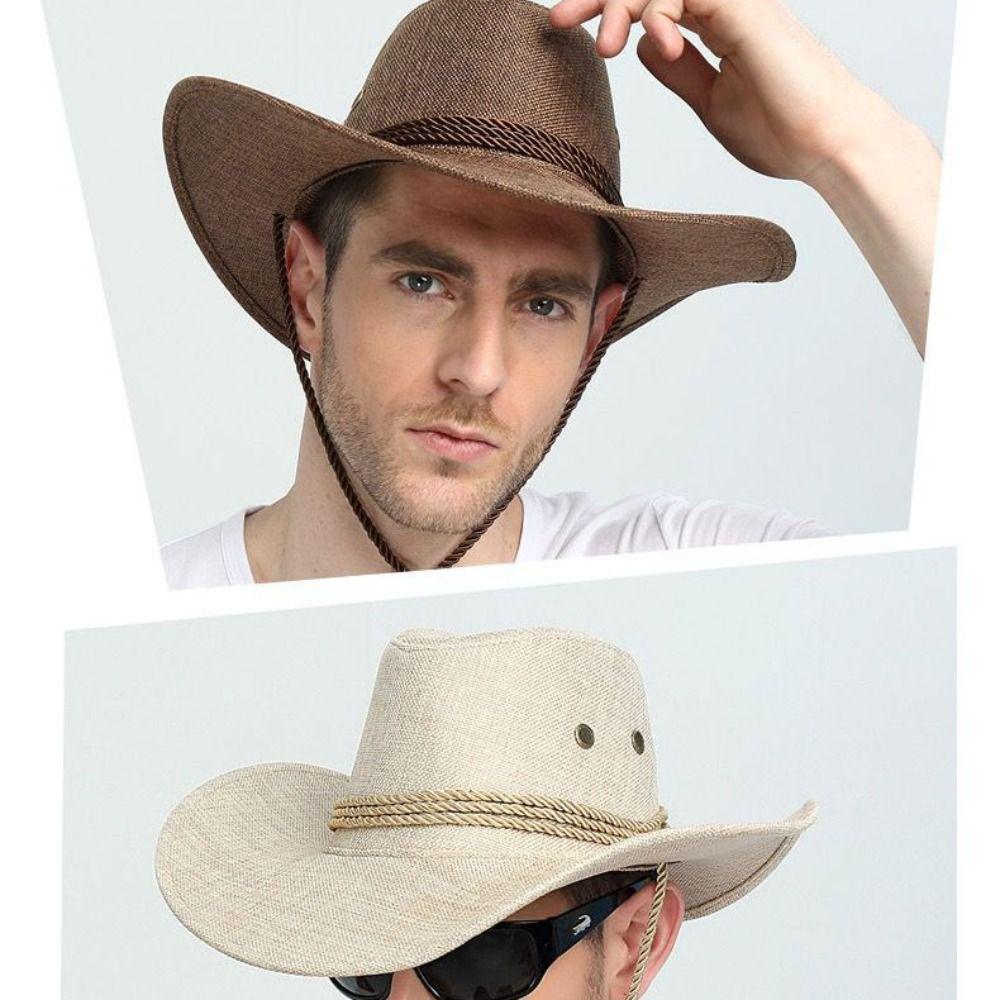 Wide Brim Western Cowboy Hat Linen Beach Sunscreen Cap Simple Summer Sun Hat  Travel
