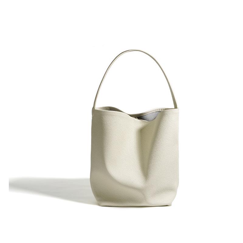 Women's Lychee Pattern Cowhide Bucket Bag - Large Capacity, Commuter Style, Single Shoulder, Lightweight Genuine Leather