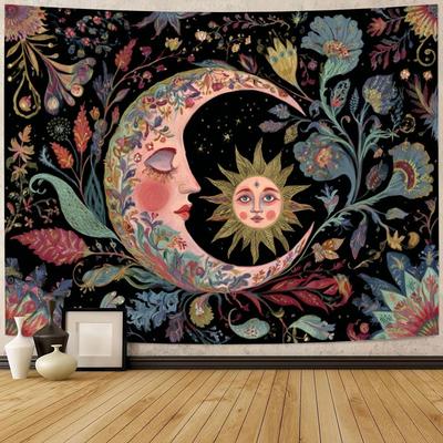Retro Sun and Moon Totem Digital Printing Polyester Wall Hanging Tapestry Decorative Living Room Bedrooms Office Background Gift