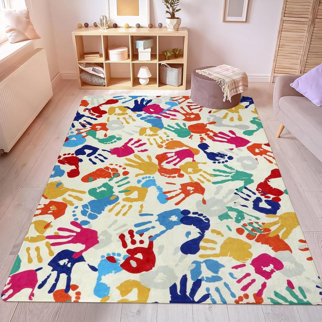 Colored Handprint Interactive Floor Mat Living Room Sofa Rug Nursery Kid's Play Mat Bedroom Rug Parent-child Activity Rug