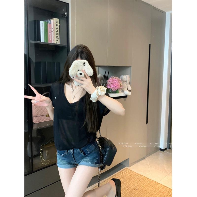 Women's Gray V-neck Short Sleeve Casual Loose Fit Summer T-shirt