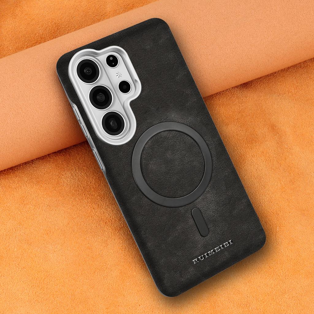 Elegante Custodia Magnetica in Pelle Premium Copertura Vintage Cornice Placcata per Samsung Galaxy S26 Ultra S25 plus S24 - Copertura di Lusso