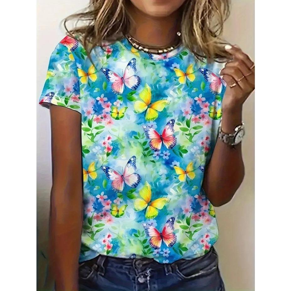 Plus-Size Women's Breathable Stretchy Short Sleeve Crew Neck T-Shirt - Vibrant 3D Floral & Butterfly Print, Summer Casual Daily Ladies T Shirts