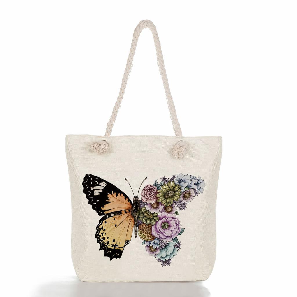 Multifunctional Flowers and butterflies Printed Thick Rope Shoulder Beach Bag Casual large capacity handbag 7615 KTB