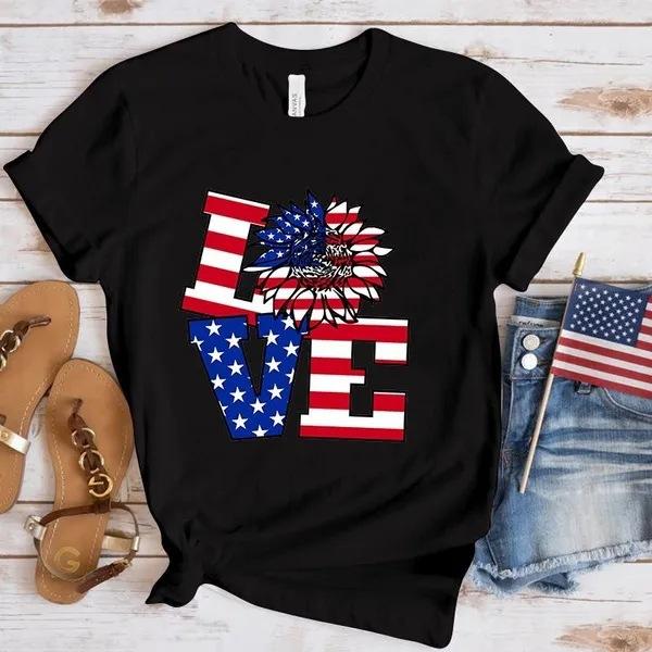 

Womens Round Neck Short Sleeved American Independence Day Party Clothing Womens Loose and Comfortable Plus Size Tshirt S