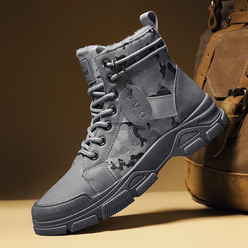New Men's Winter Camouflage Ankle Boots Fur Lined Warm Non-Slip Outdoor Tactical Work Boots for Male