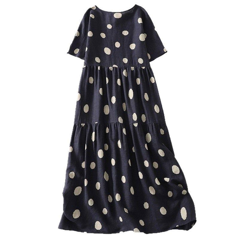 2025 Spring and Summer New Printed Polka Dot Cotton and Linen Dress Women's Loose and Thin Round Neck Short-sleeved Casual Long Dress