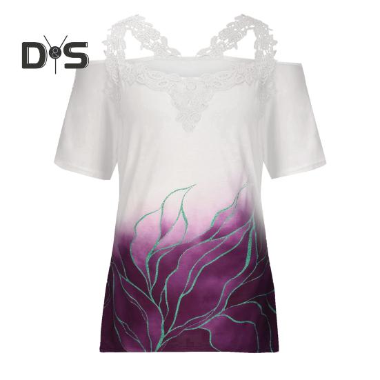 

Женская футболка с V-образным вырезом, кружевом, открытыми плечами, коротким рукавом, повседневные свободные топы с цветочным принтом, официальная летняя футболка L фиолетовый