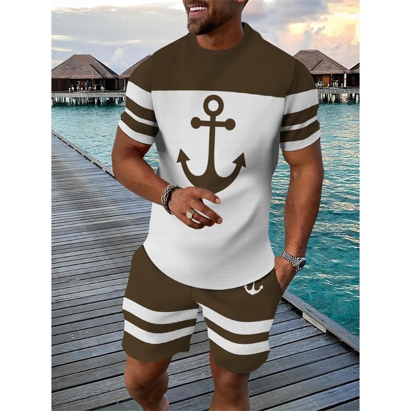New Men's Hawaiian Two-Piece Set Beach Coconut Tree Print Crew Neck