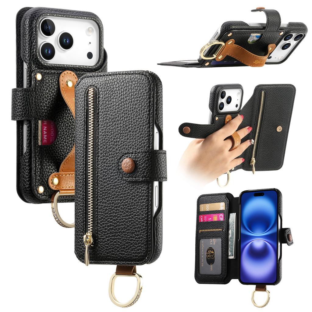 Luxury Zipper Cards Solt Wristband Wallet Leather Ring Holder Case For iPhone 17 Pro Max 16 Plus 15 14 13 12 Kickstand Bag Cover