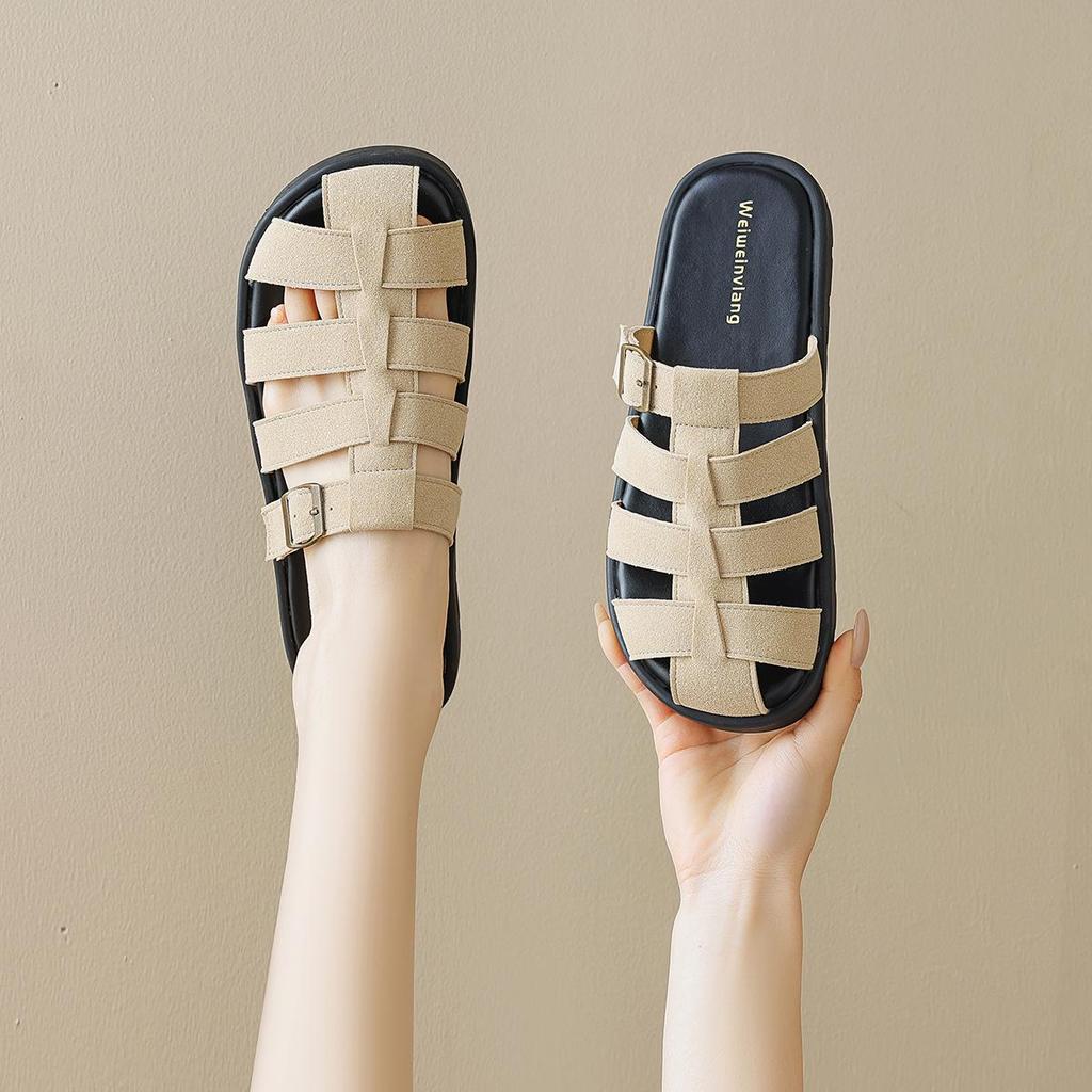 Weiwei Girl Women's French Retro Pointed Toe Woven Roman Slippers Sandals for Summer