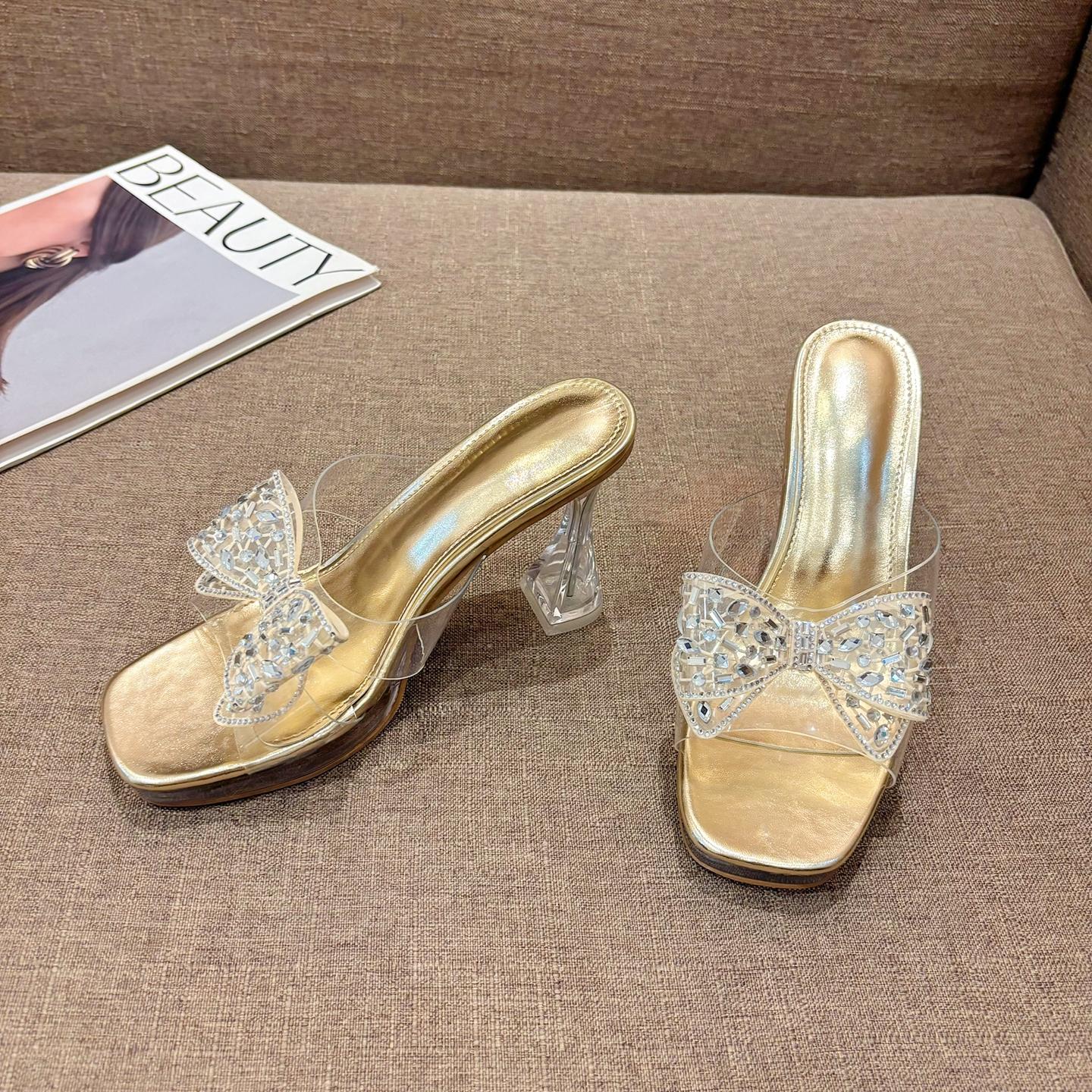 

Модные женские босоножки с кристаллами и бантами, мюли с открытым квадратным носком, туфли на высоком каблуке, сексуальные повседневные туфли для ночного клуба, вечеринки, свадьбы 40