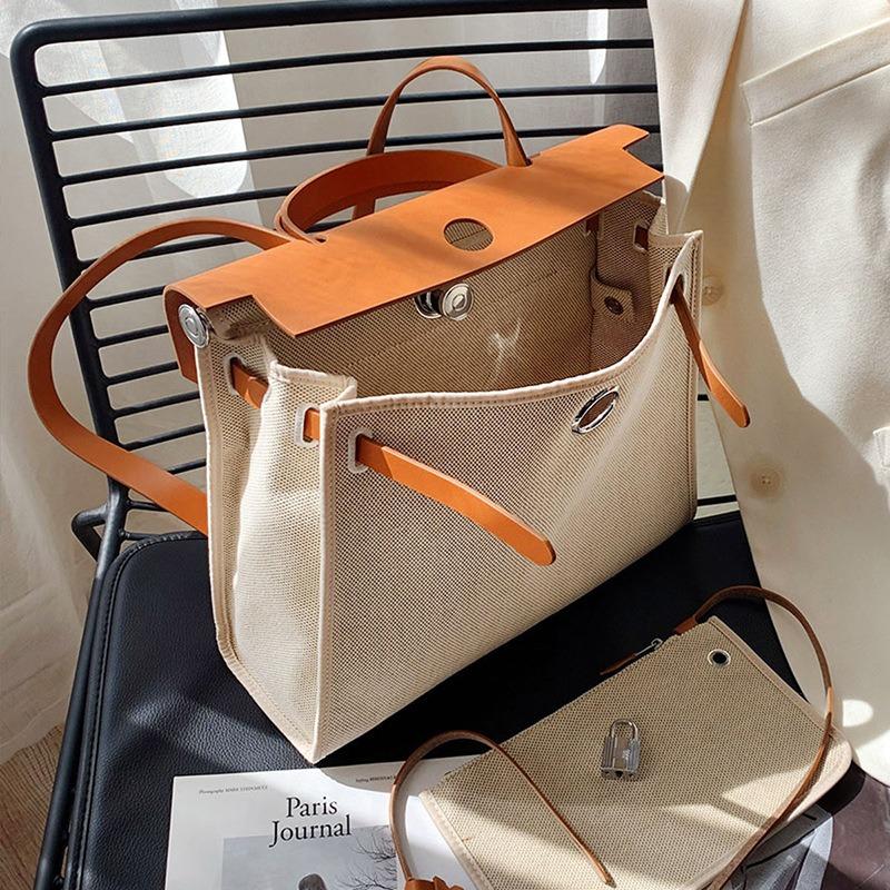 Tasche Rindsleder Canvas Farbblockdesign Große Kapazität Pendler Schulter Umhängetasche Handtasche