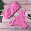 1 Set Women Beach Suit with Chest Pad No Underwire Solid Color Elastic High Waist Bathing Two-piece Set Bandeau Swimming
