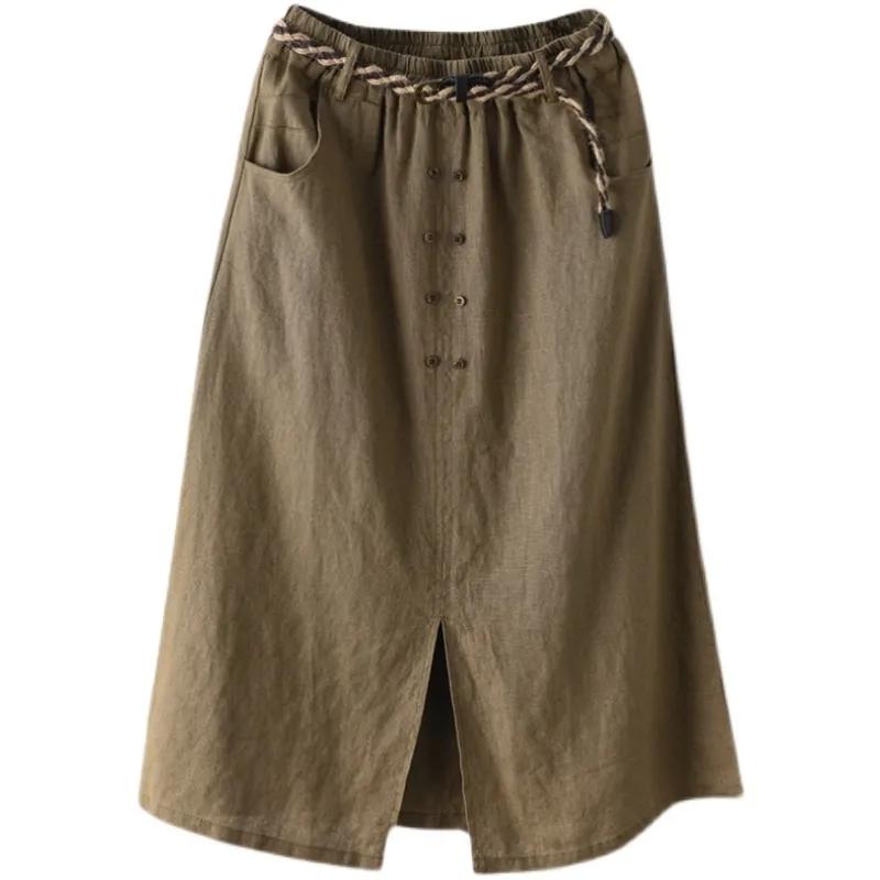 Kvinnor Vår och Sommar Vintage Stil Lös Hög Midja Vardagskjolar Damer Höst A-linje Lång Kjol med Bälten