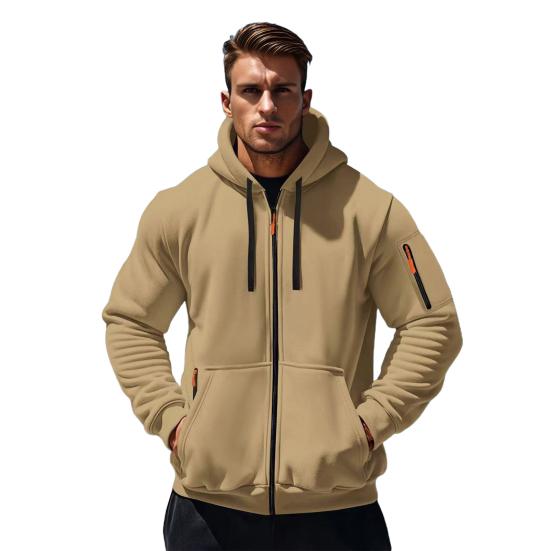 Men Coat Long Sleeve Zipper Closure Hooded Sweatshirt with Large Pockets Solid Color Velvet Thickened Warm Outerwear
