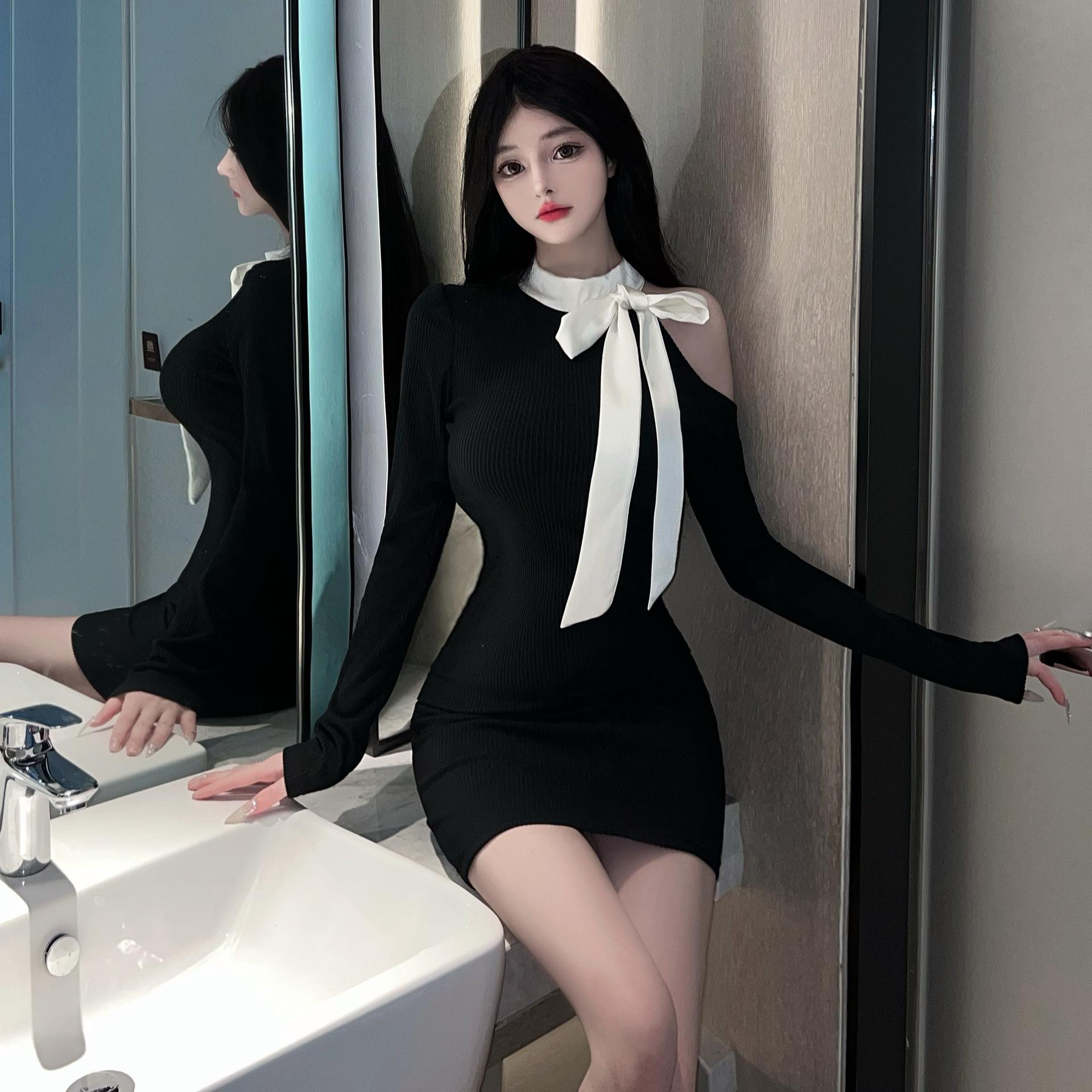 

Autumn and winter new bow straps off-the-shoulder long-sleeved dress women s short skirt showing figure waist and hip dress skirt XL