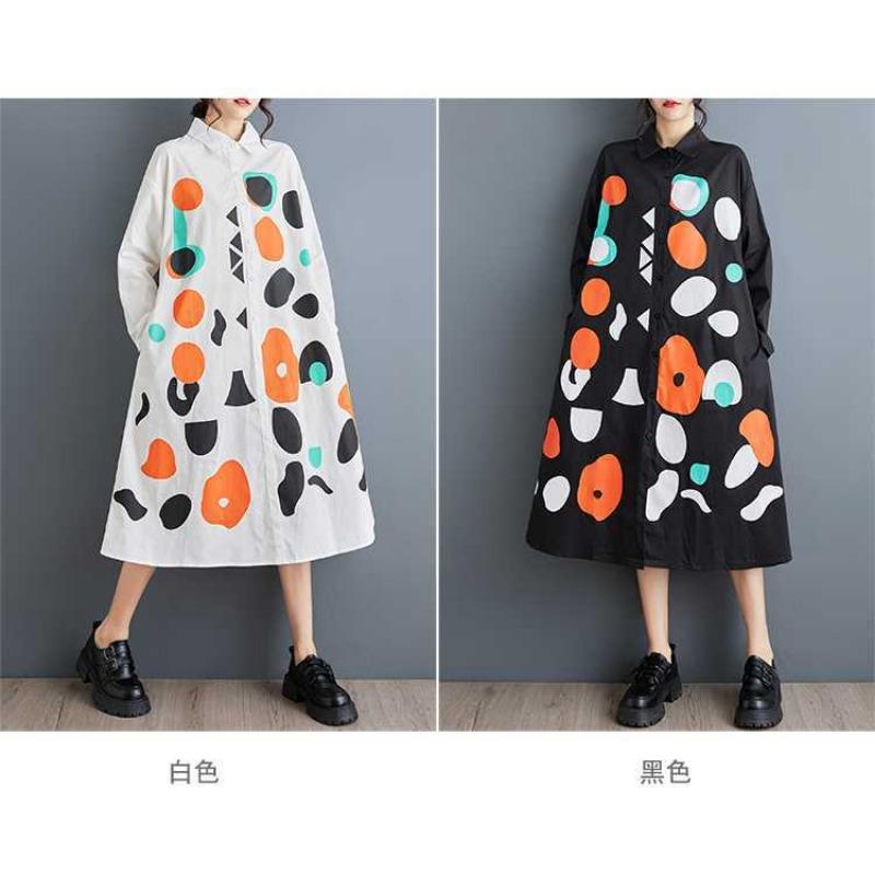 New Loose Large Size Printing Splicing Casual Simple Sweet Long-sleeved Dresses