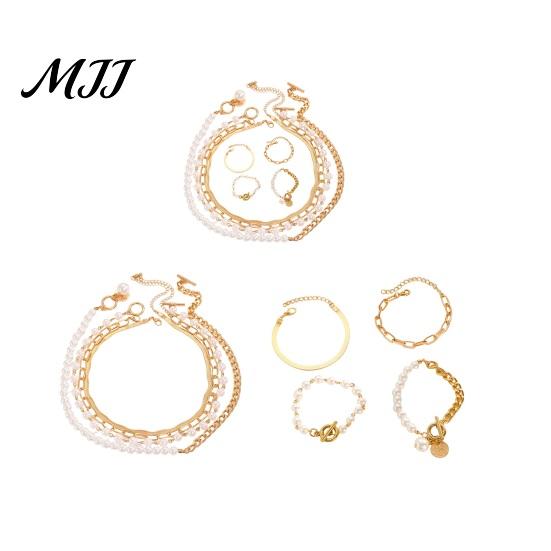 Stacking Bracelet Necklace Set 1 OT Buckle Cuban Chains Scratch-resistant Imitation Pearls Adjustable Length Jewelry Gift Chain