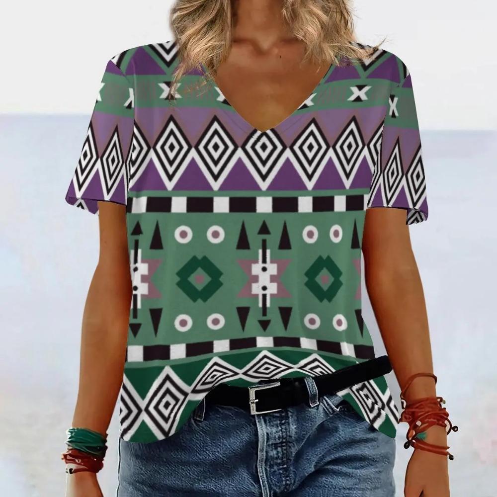Ethnic Style Geometric 3D Printed Women's Street V-neck Short Sleeved T-shirt