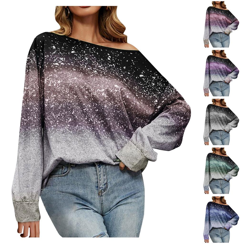 Damen Lässiger Pullover Kontrastfarbe Farbverlauf Langarm Oberteil T-Shirt