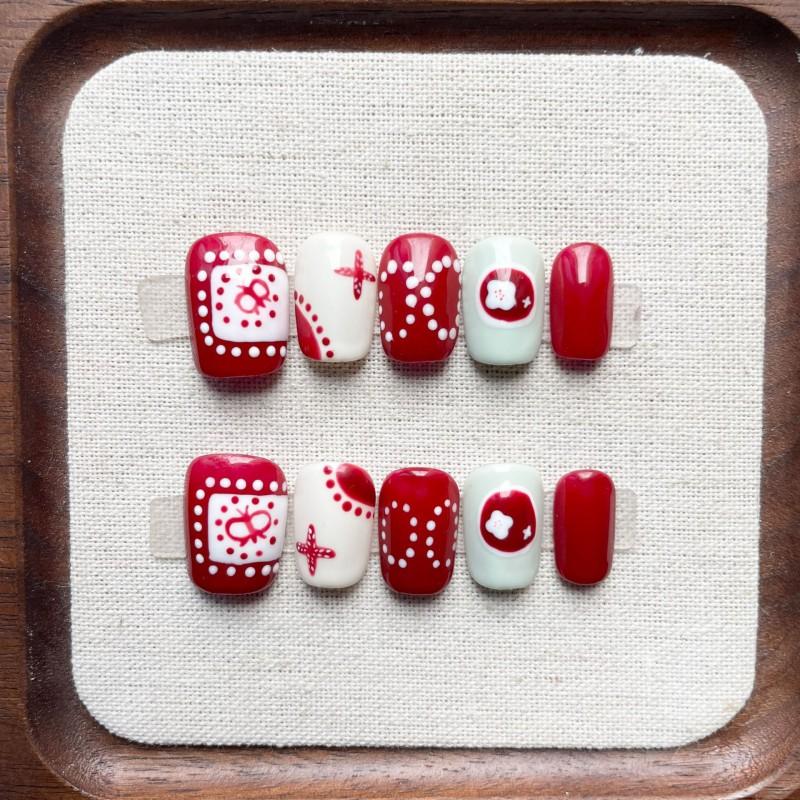 Cute Hand-Painted Press-On Nails Short Square Cat Eye Design Sweet Ins Style Nail Art Women