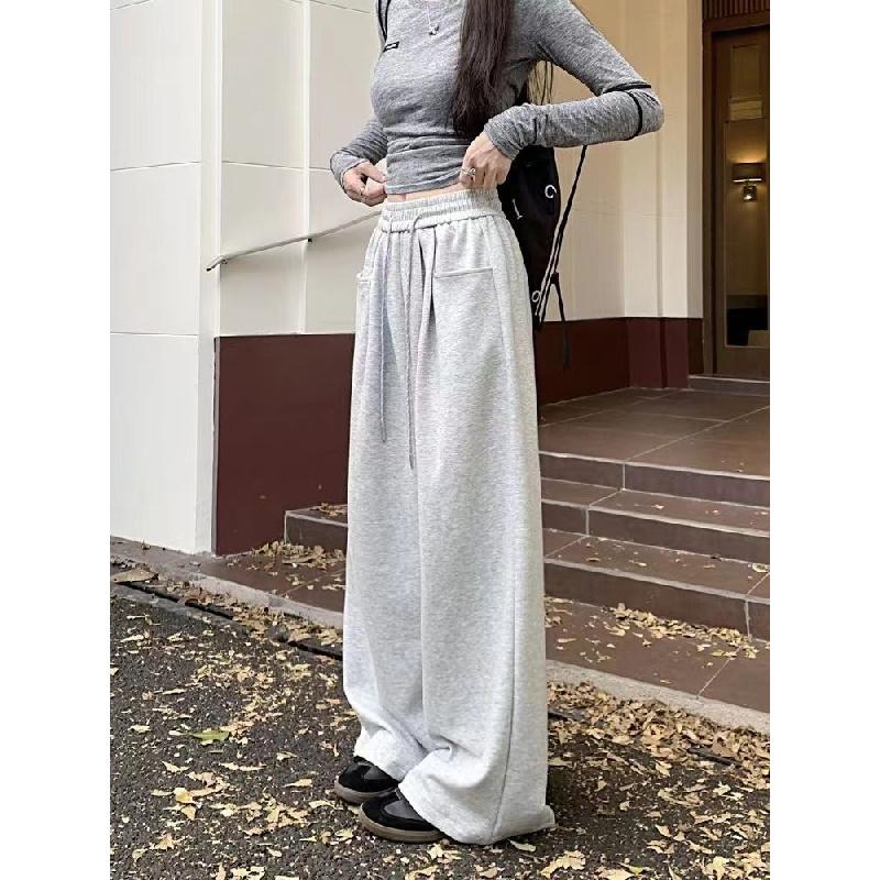 New solid color wide-leg pants, loose and drapey casual long pants for women, autumn drawstring straight pants