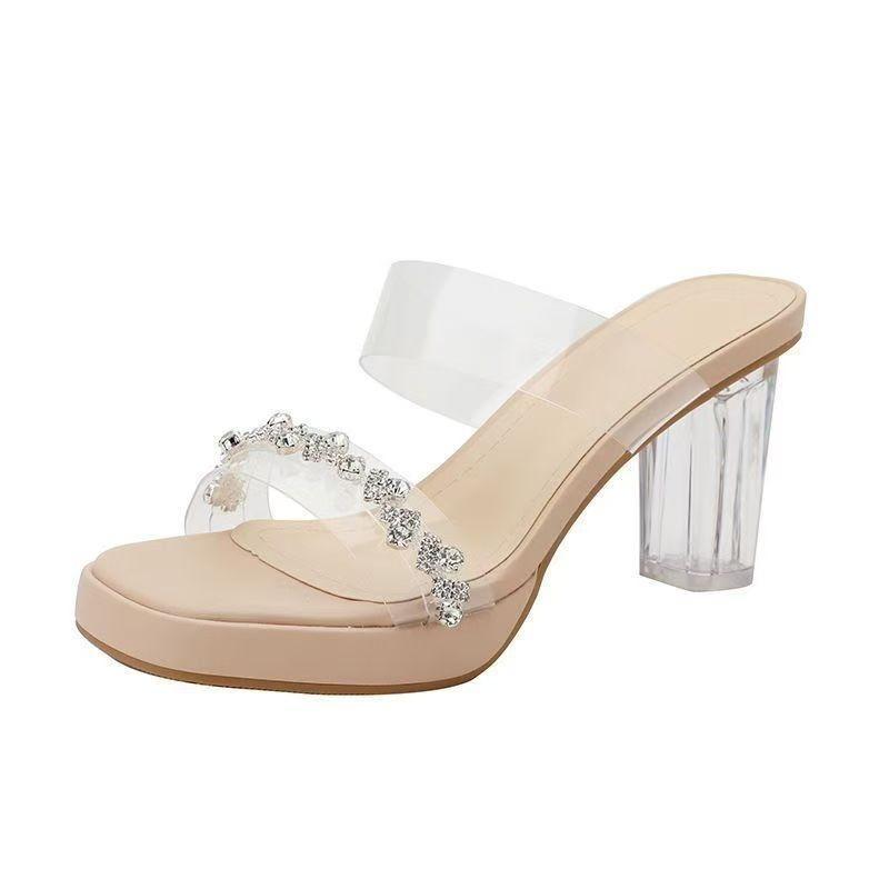 Crystal Thick Heel Sandals Women's New Summer Rhinestone Transparent Word with High Heels Sexy Cool Slippers