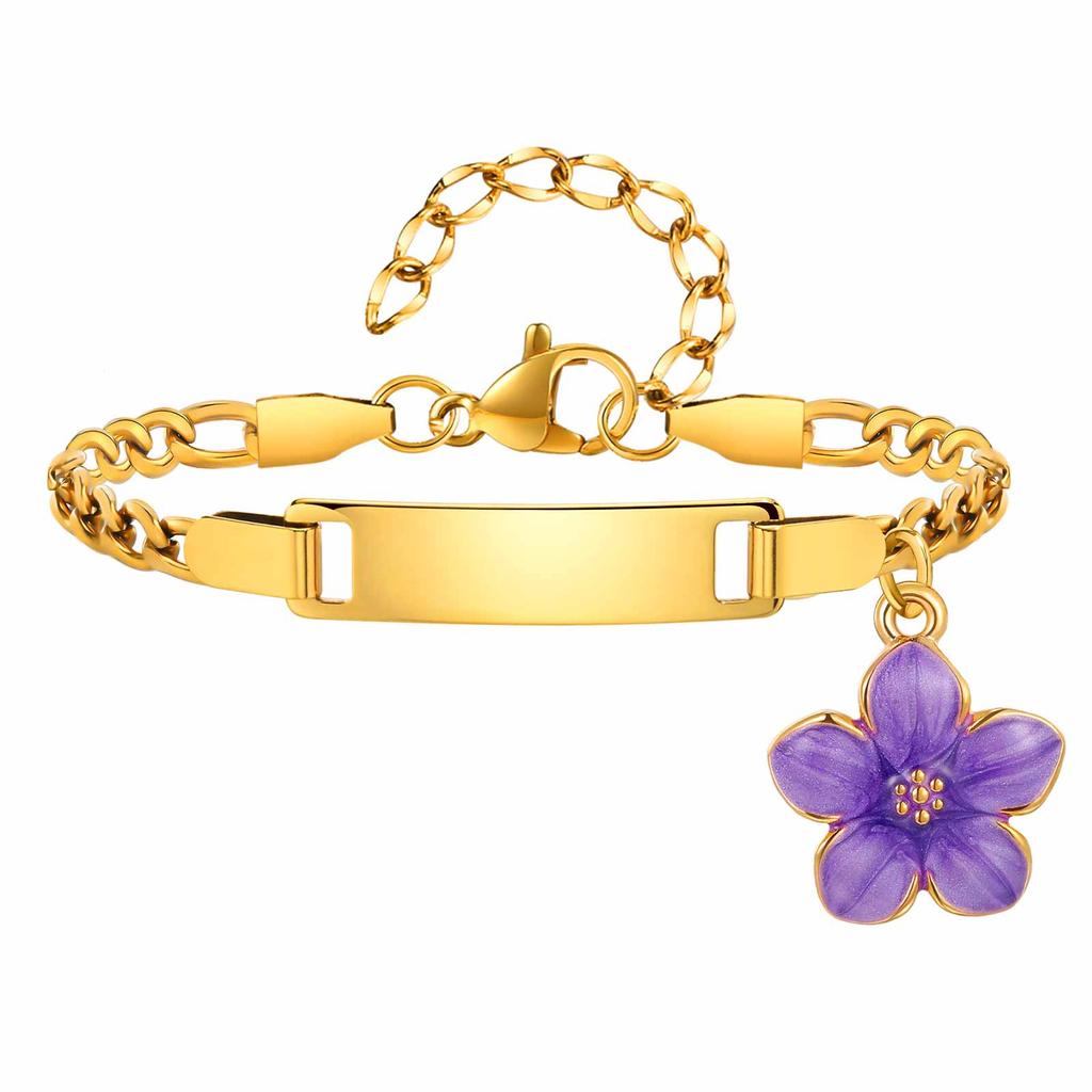 Stainless Steel Engravable Bar ID Namedate Bracelet, Cherry Blossom Charms Kids Bracelet, Personalized Newborn Birthday Gift