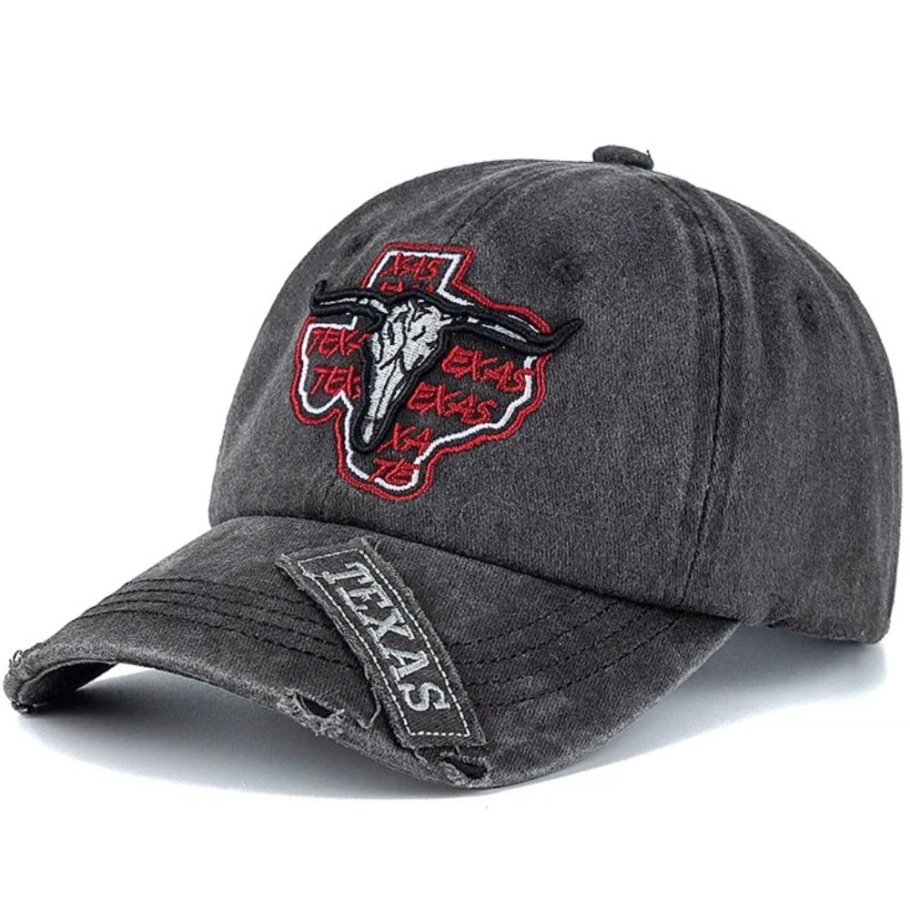 Unisex Praná Bavlněná Vintage Čepice Klasická Čepice TEXAS s Výšivkou Hlavy Býka Baseballová Čepice Venkovní Táta Klobouk Pro Muže Ženy