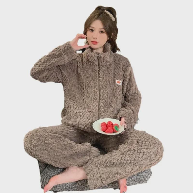Women's Long-Haired Jacquard Pajamas - Zippered, Solid Color, Long Sleeve Coral Fleece Cardigan (Fits Up to 230 lbs).