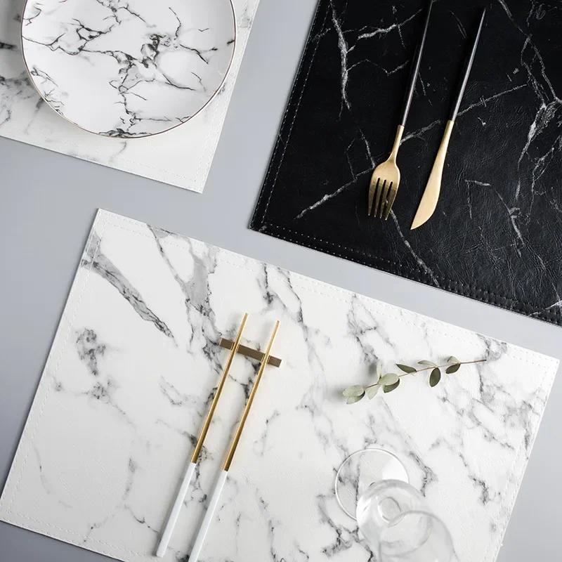 Creative PU Leather Marble Coasters Coffee Coasters Kitchen Placemats Dining Table Black and White Chic Decoration