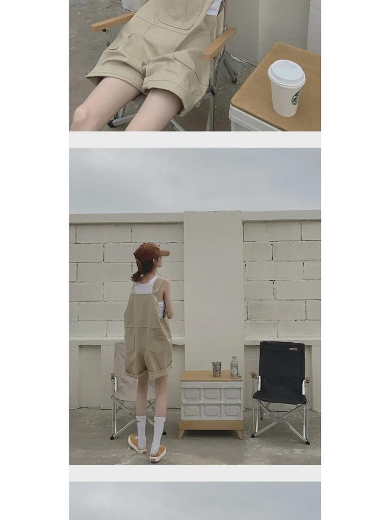 Dámské khaki bavlněné zeštíhlující volné overaly s velkými kapsami - Letní široké šortky na ramínka