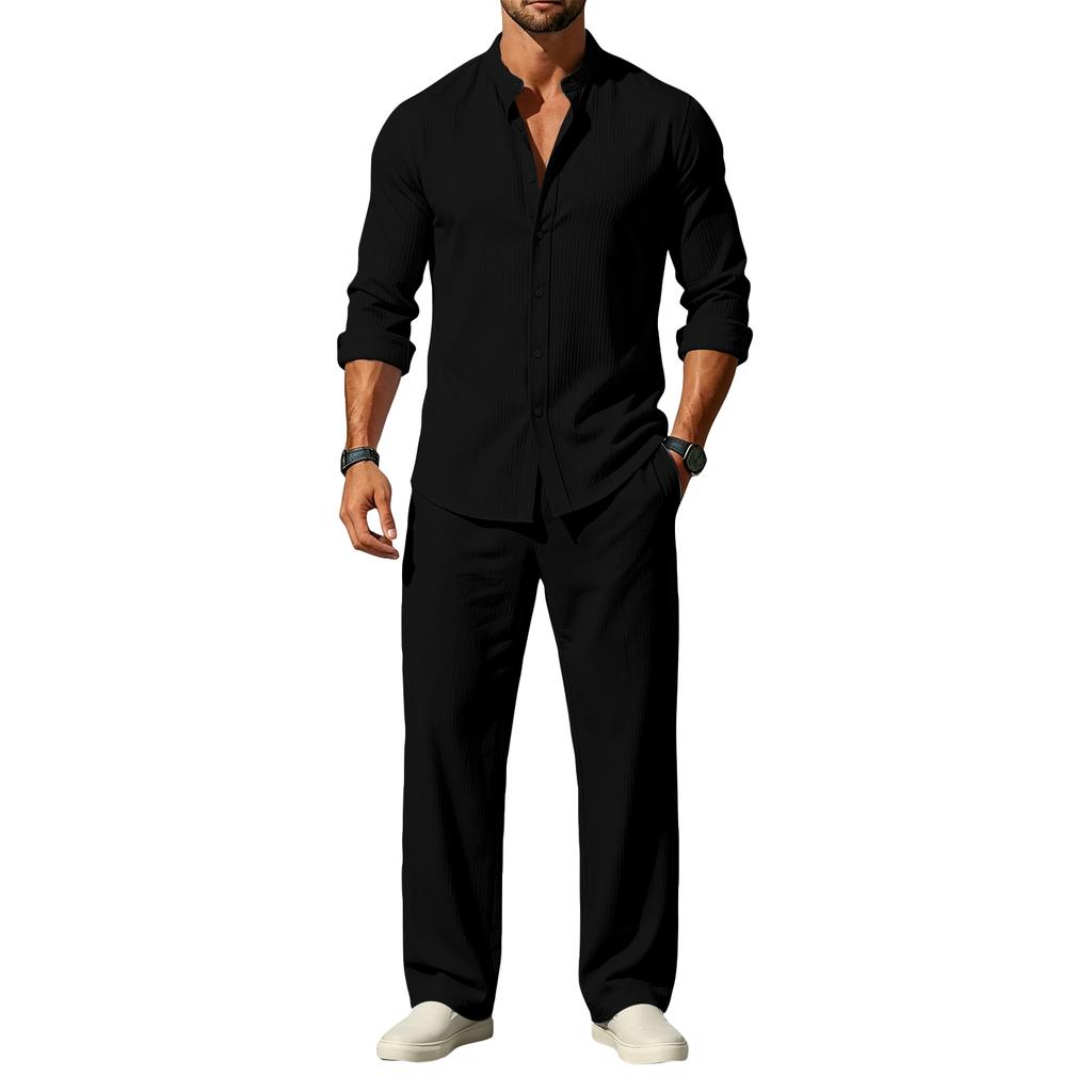 Men's Striped Texture Long Sleeve Shirt and Pants Set for Everyday Wear